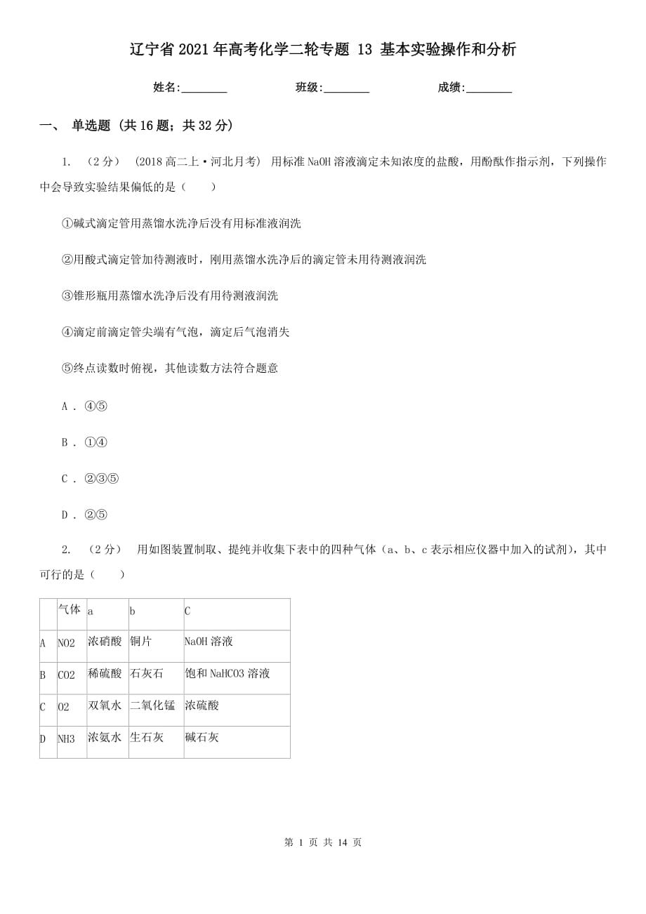 辽宁省2021年高考化学二轮专题 13 基本实验操作和分析_第1页