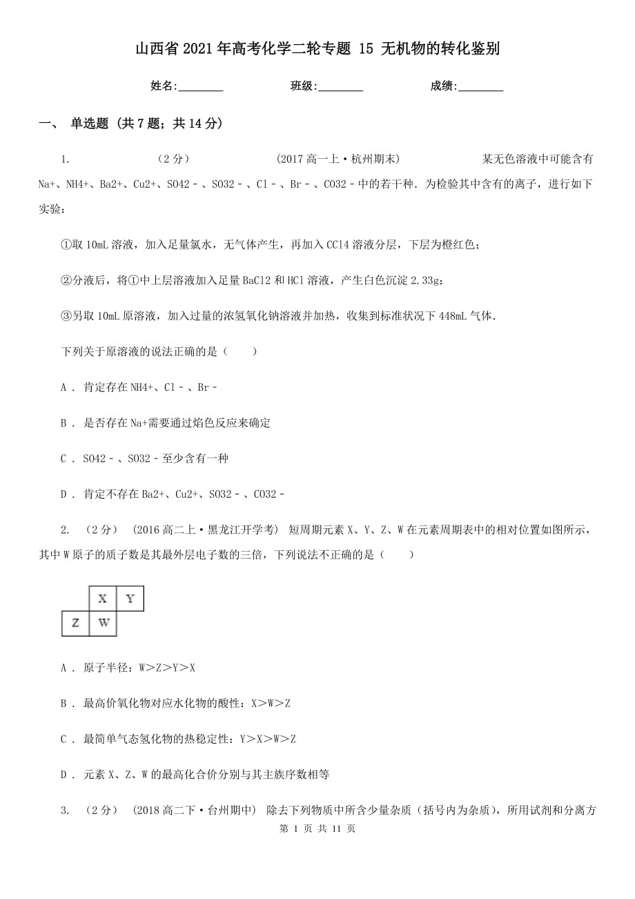 山西省2021年高考化學(xué)二輪專題 15 無機(jī)物的轉(zhuǎn)化鑒別_第1頁