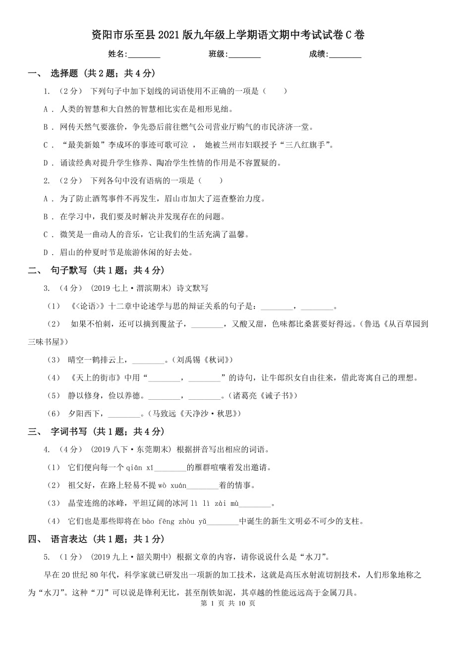 资阳市乐至县2021版九年级上学期语文期中考试试卷C卷_第1页