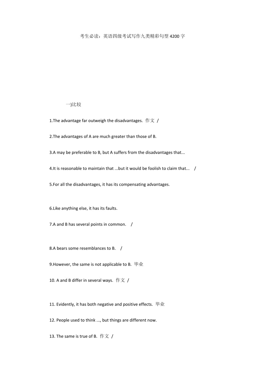 考生必读：英语四级考试写作九类精彩句型4200字_第1页
