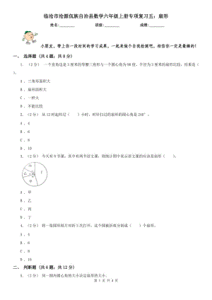 臨滄市滄源佤族自治縣數(shù)學(xué)六年級(jí)上冊(cè)專項(xiàng)復(fù)習(xí)五：扇形