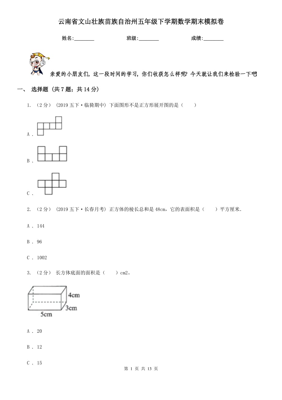 云南省文山壮族苗族自治州五年级下学期数学期末模拟卷_第1页