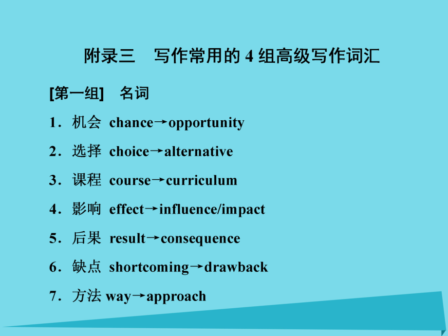 高考英語 話題晨背 日積月累增分無形 附錄三常用的4組高級(jí)寫作詞匯 新人教版_第1頁