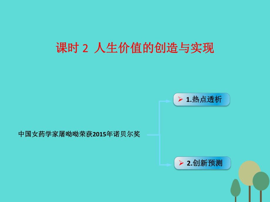 高考政治 模塊4 單元16 課時(shí)2 實(shí)現(xiàn)人生價(jià)值中國(guó)女藥學(xué)家屠呦呦榮獲諾貝爾獎(jiǎng)_第1頁