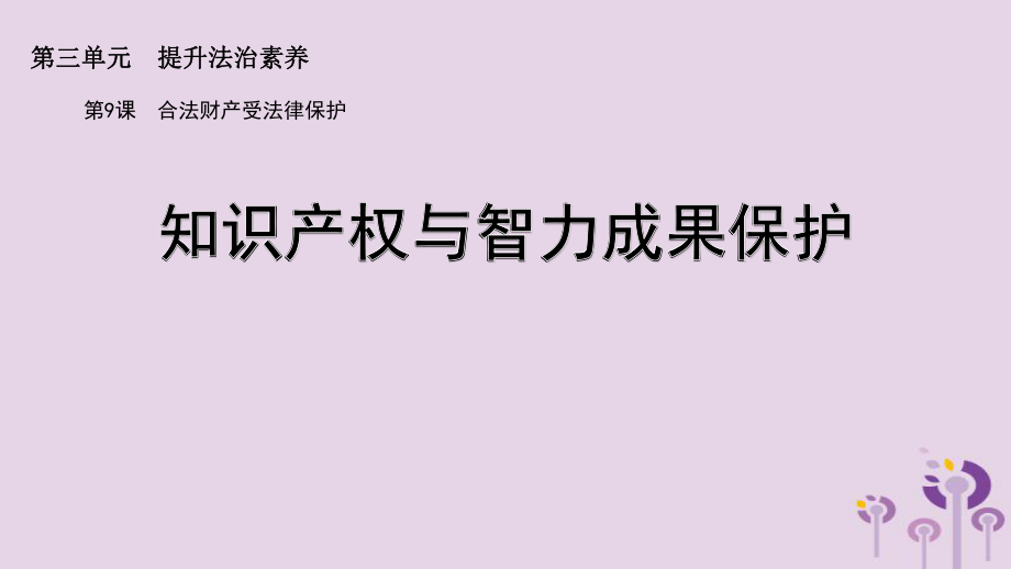 九年級道德與法治上冊 第三單元 提升法治素養(yǎng) 第9課 合法財(cái)產(chǎn)受法律保護(hù) 第2框 知識產(chǎn)權(quán)與智力成果保護(hù) 蘇教版_第1頁