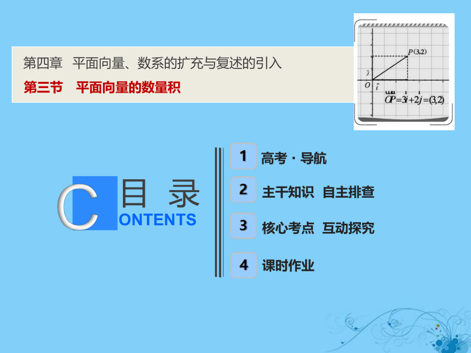 數(shù)學(xué)第四章 平面向量、數(shù)系的擴(kuò)充與復(fù)述的引入 第三節(jié) 平面向量的數(shù)量積_第1頁(yè)