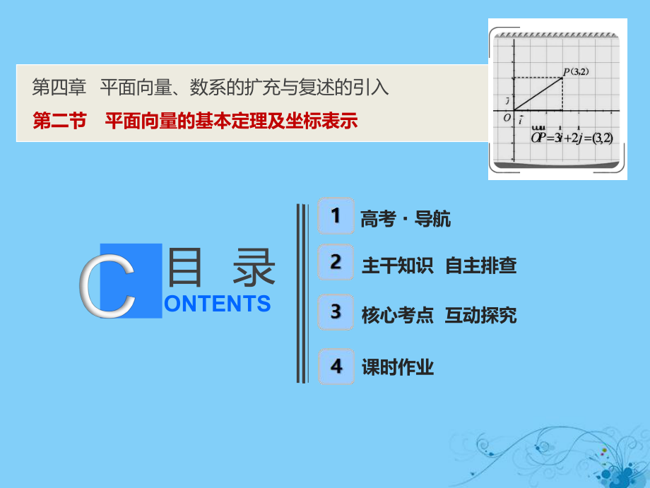 數(shù)學第四章 平面向量、數(shù)系的擴充與復述的引入 第二節(jié) 平面向量的基本定理及坐標表示_第1頁