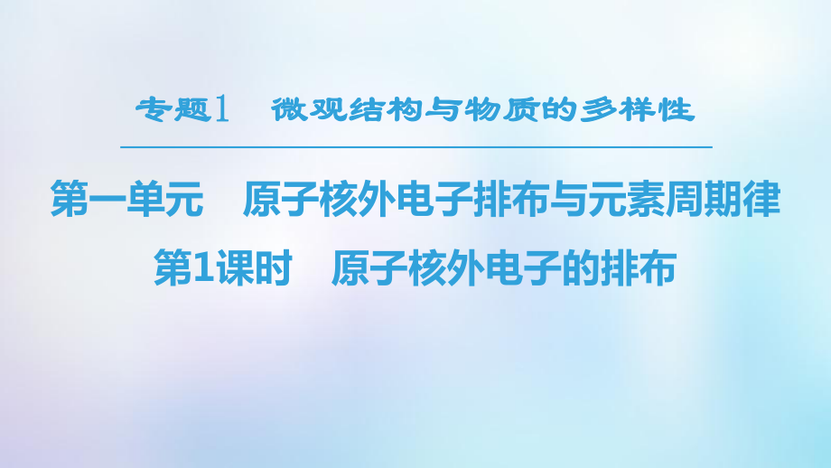 化學 專題1 微觀結(jié)構(gòu)與物質(zhì)的多樣性 第1單元 核外電子排布與周期律 第1課時 原子核外電子的排布 蘇教版必修2_第1頁