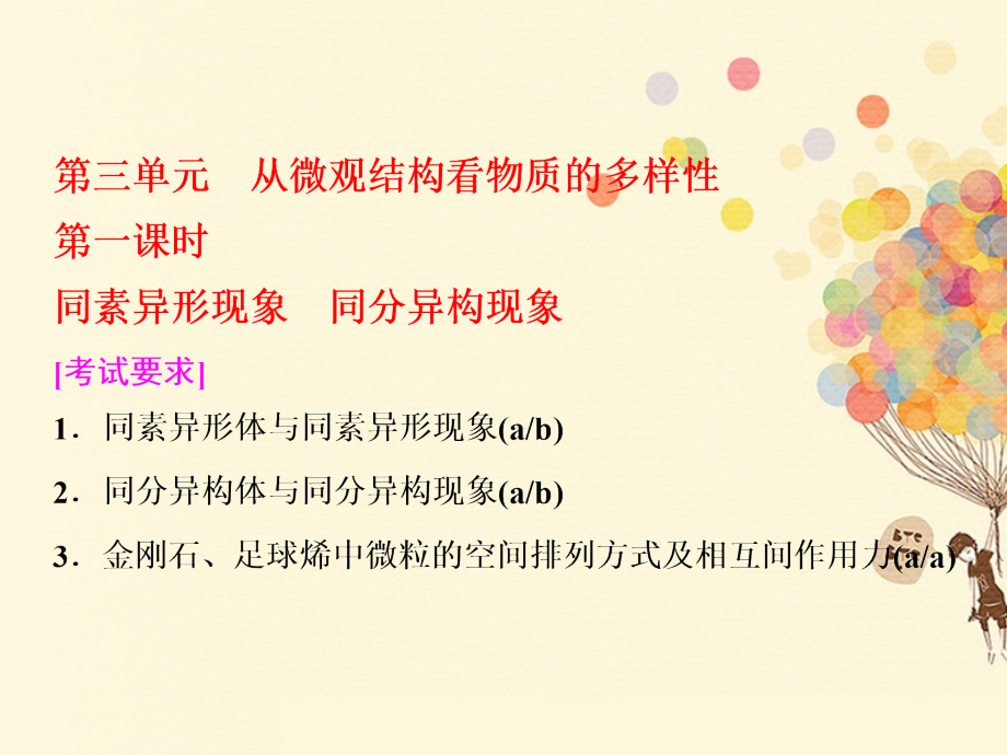 化学 1 微观结构与物质的多样性 第三单元 第一课时 同素异形现象 同分异构现象 苏教版必修2_第1页