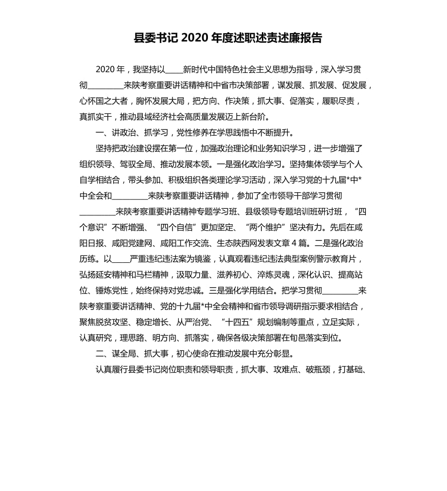 縣委書記2020年度述職述責(zé)述廉報(bào)告參考范文.docx_第1頁