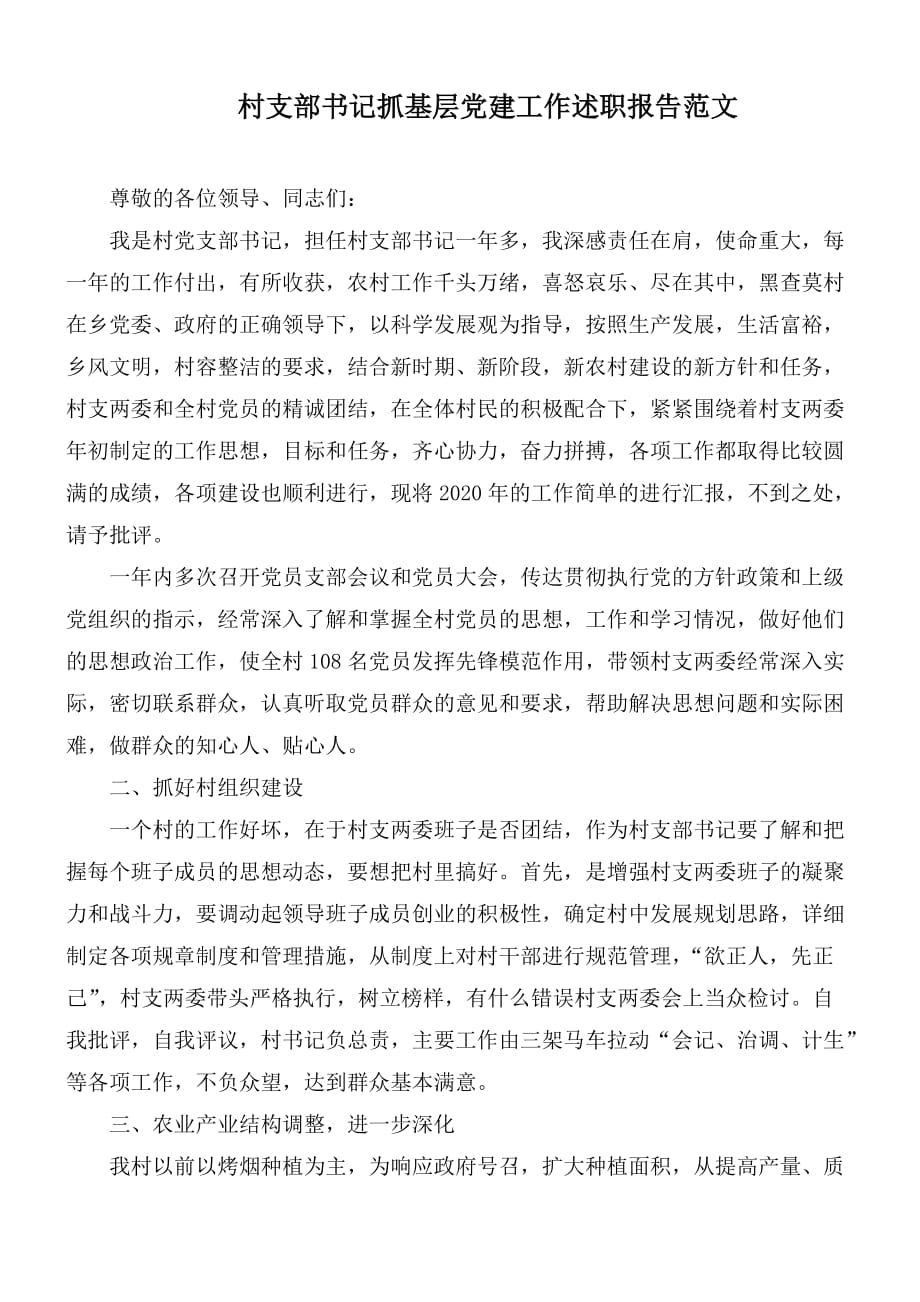村支部书记抓基层党建工作述职报告范文_第1页