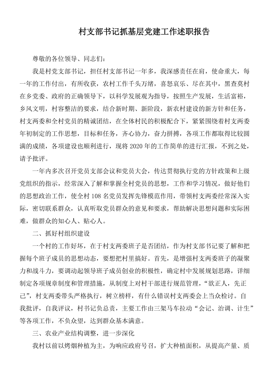 村支部书记抓基层党建工作述职报告_第1页