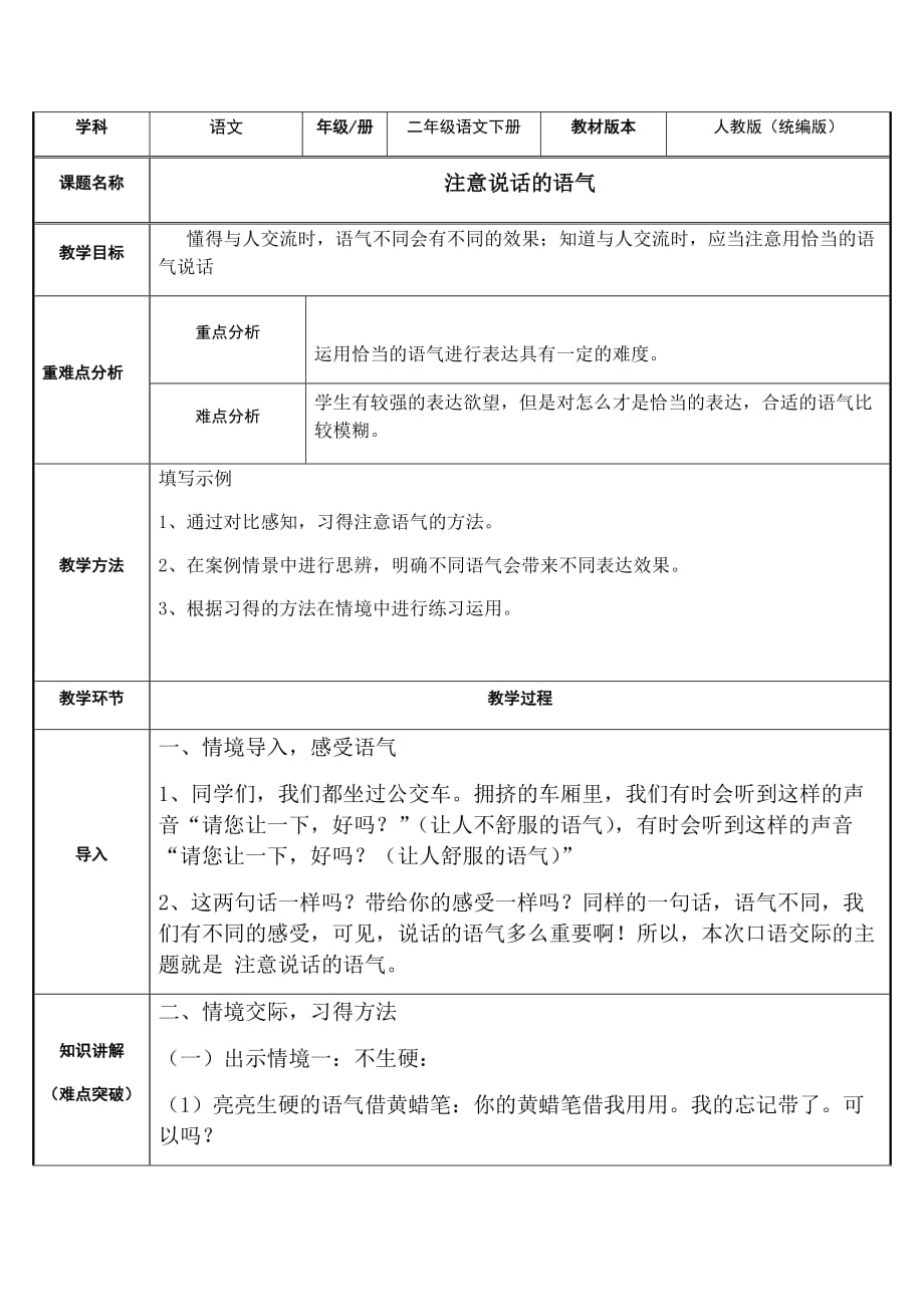 人教部編版二年級語文下冊教案 口語交際：注意說話的語氣_第1頁