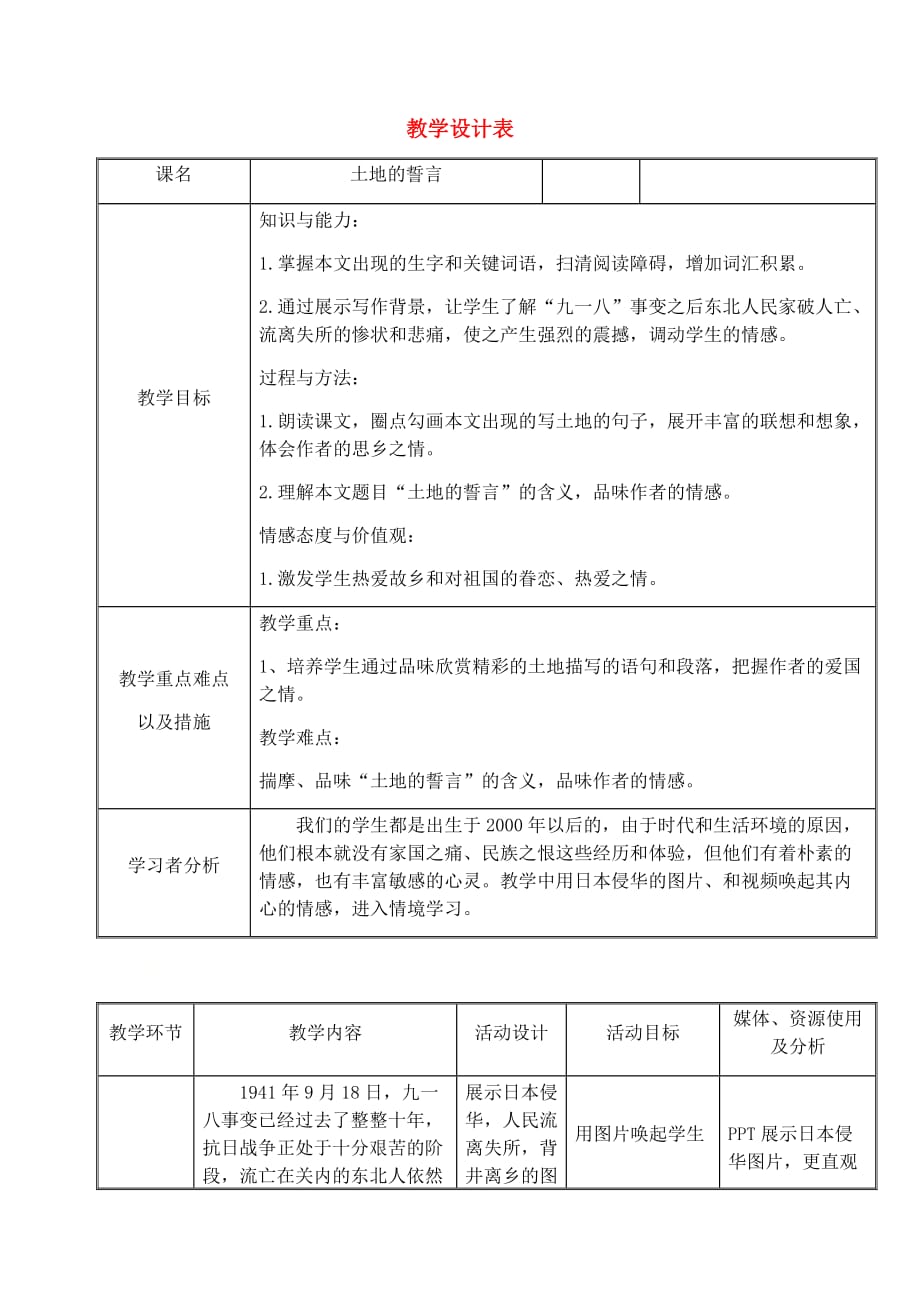 人教部編版七年級語文下冊 《土地的誓言》教案_第1頁