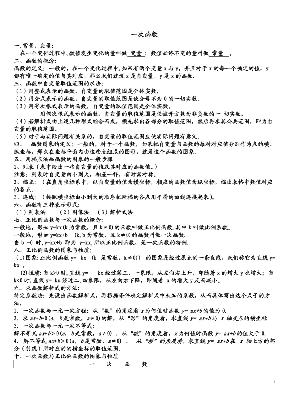 人教版八年级下册数学一次函数知识点归纳及练习-_第1页