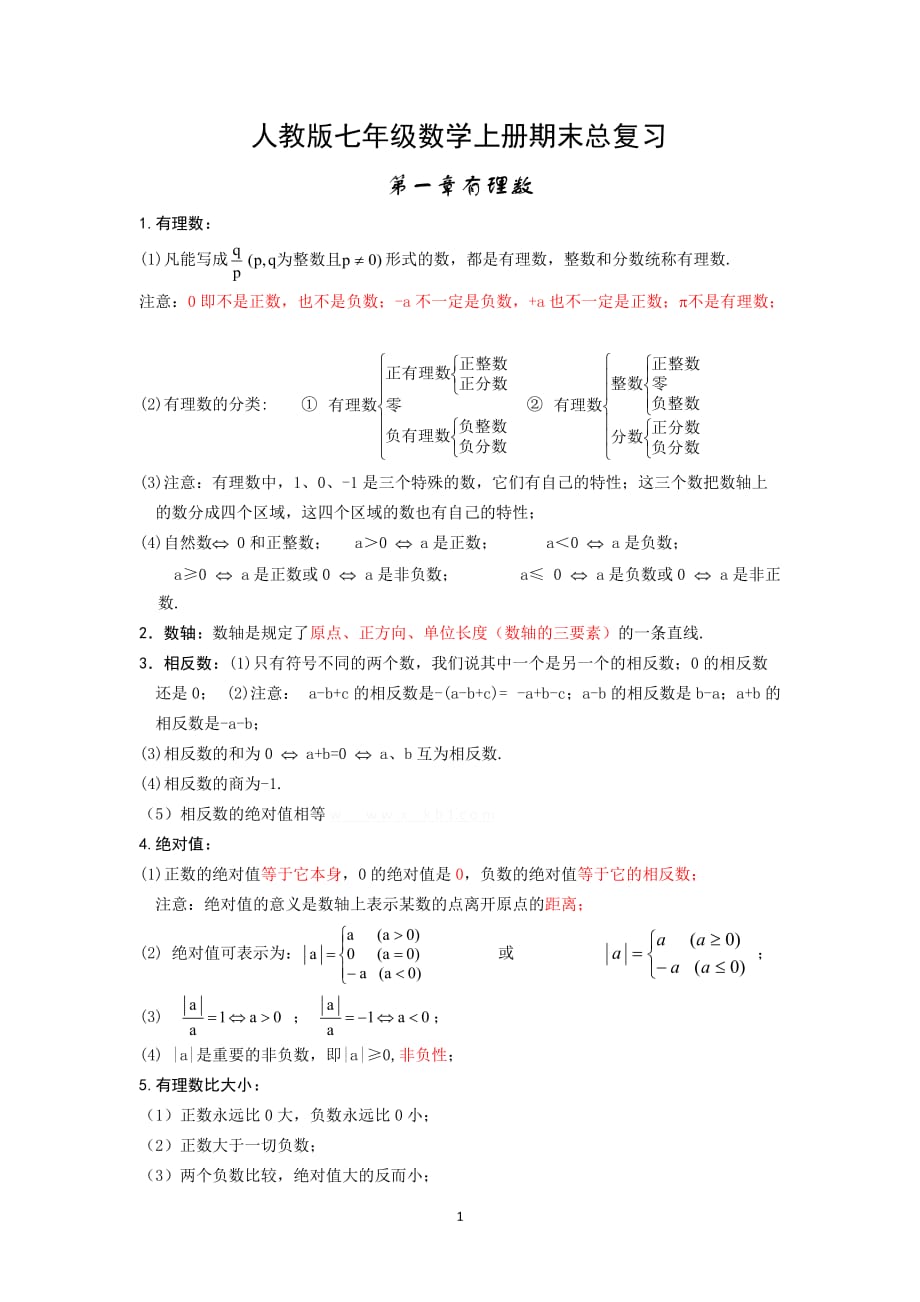 人教版初一数学上册知识点归纳总结-_第1页