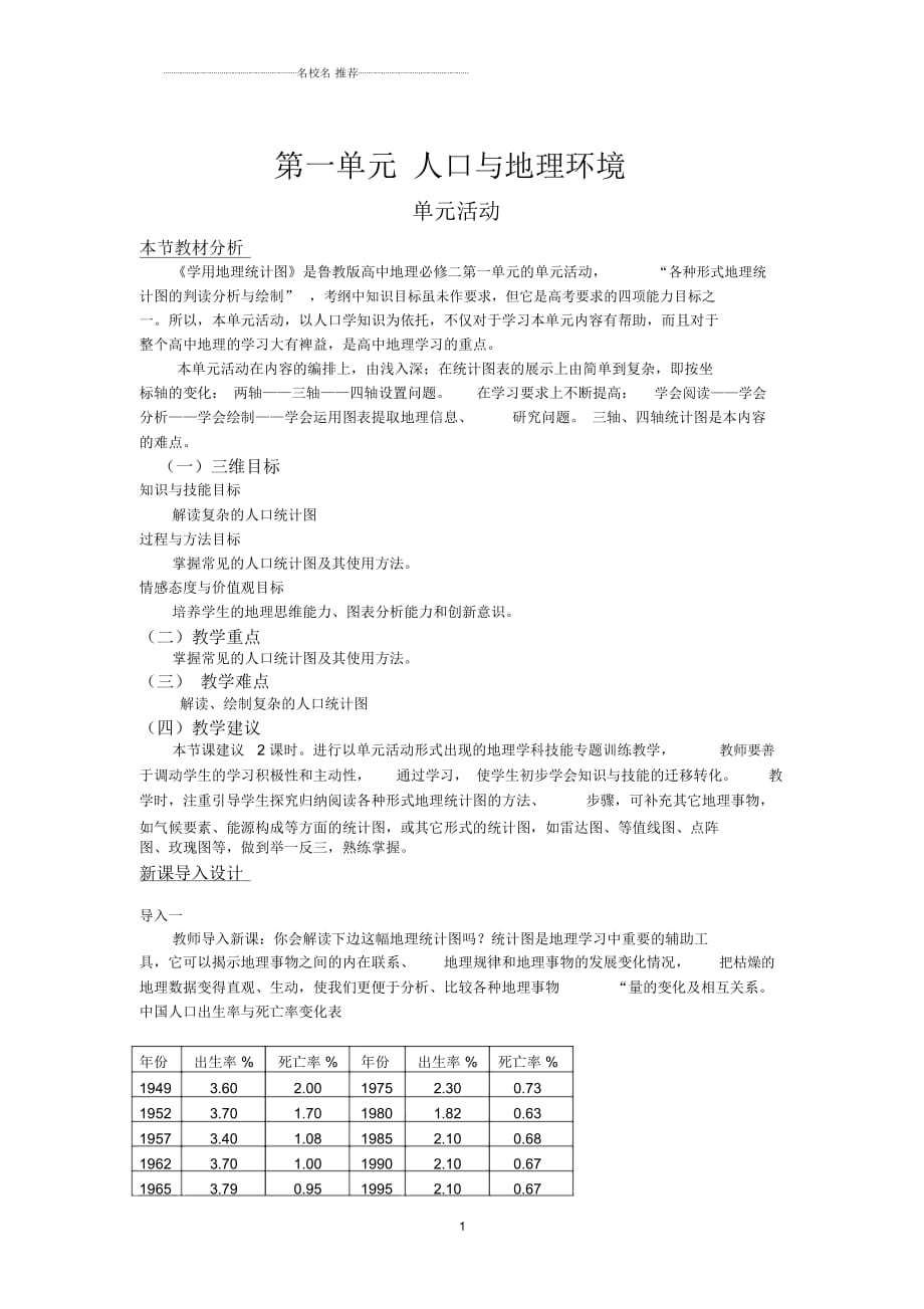 2018-2019学年高一地理鲁教版必修2精编教材分析与导入设计：第1单元单元活动学用地理统计图Word版含解析_第1页