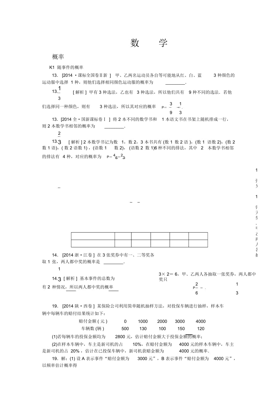 2014年高考数学文科(高考真题+模拟新题)分类汇编：概率_第1页