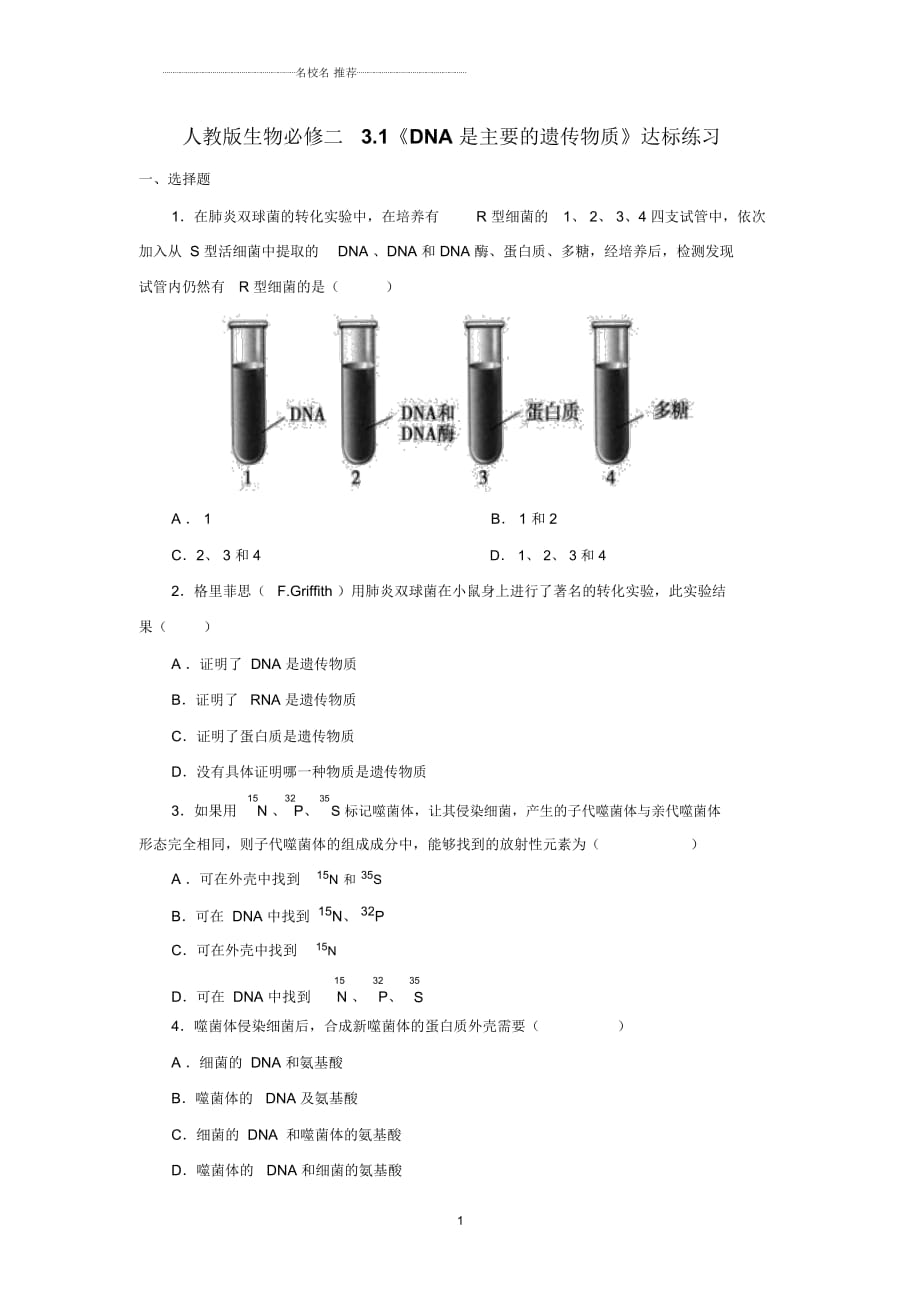 人教版高中生物必修二DNA是主要的遺傳物質(zhì)名師制作作業(yè)（四）_第1頁