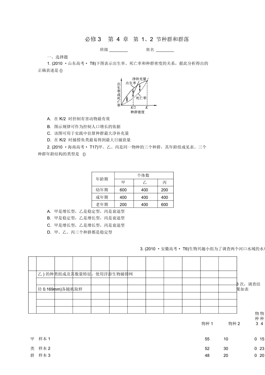 【學(xué)案與測評】2012高中生物第4章種群和群落限時測評新人教版必修3_第1頁