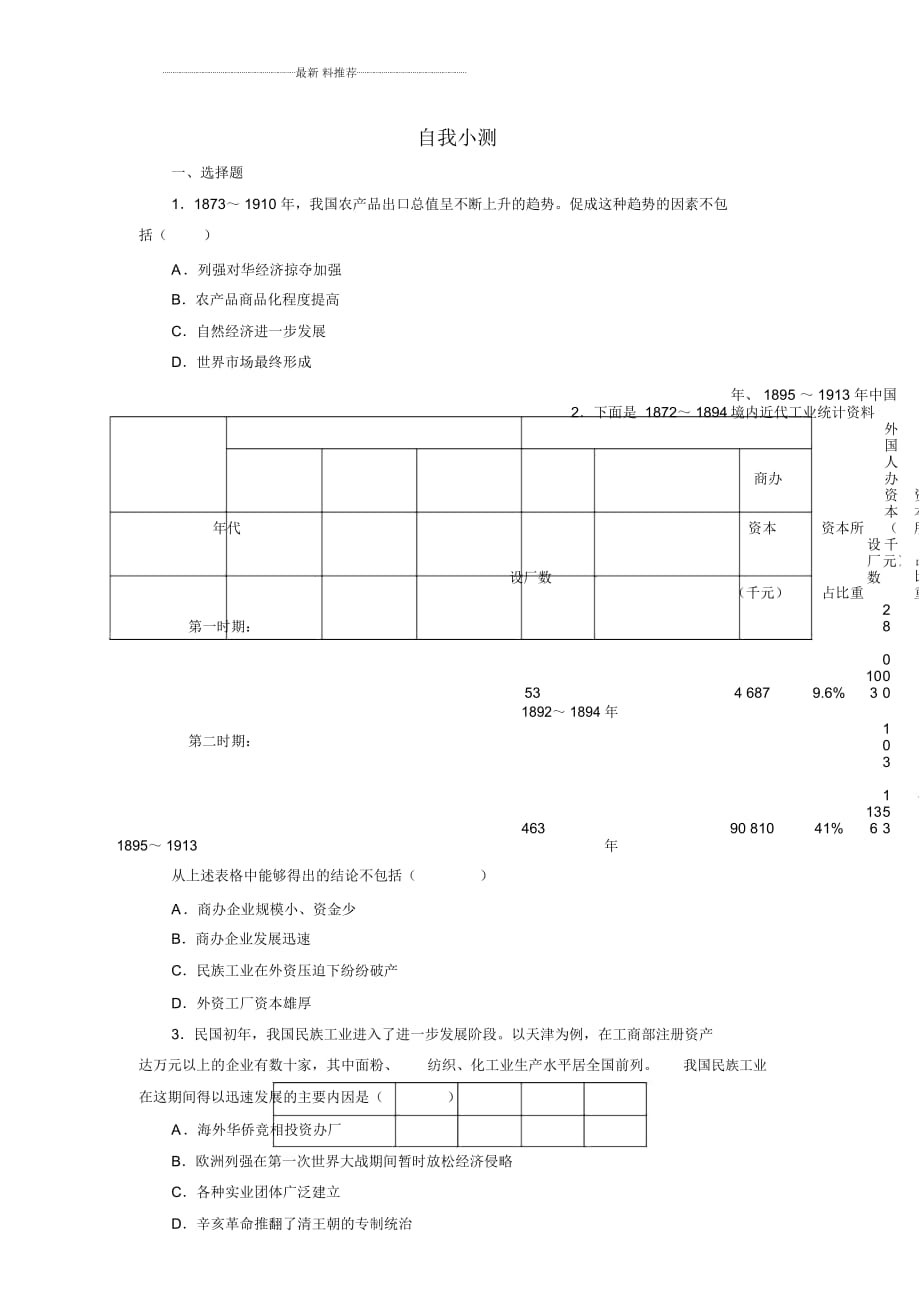 人教版高中歷史必修二：第10課中國(guó)民族資本主義的曲折發(fā)展(作業(yè))_第1頁(yè)