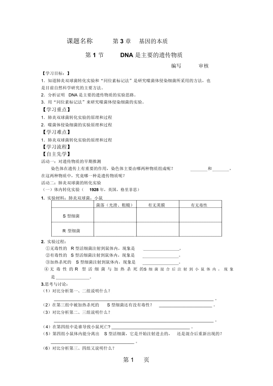 江蘇省南通中學人教版高中生物必修二導學案(無答案)：第3章第1節(jié)DNA是主要遺傳物質_第1頁