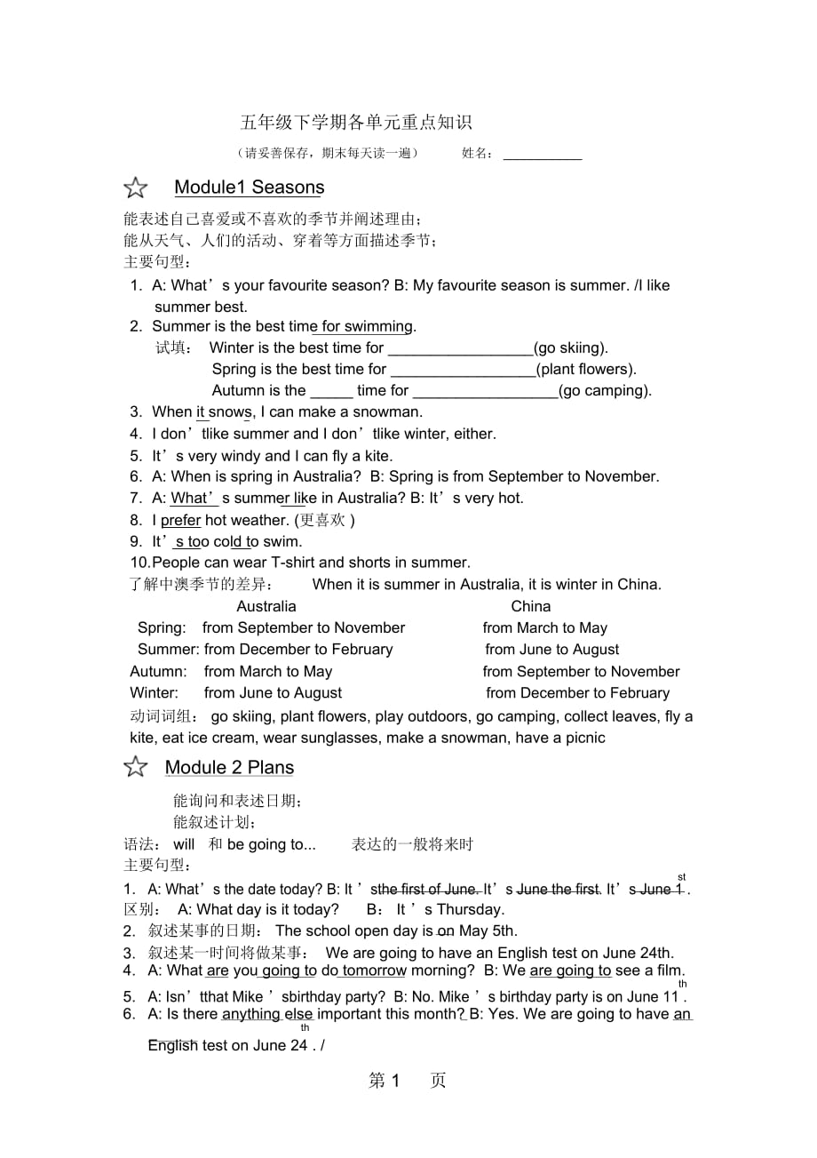 五年级下册英语素材第二学期重难点广州版_第1页