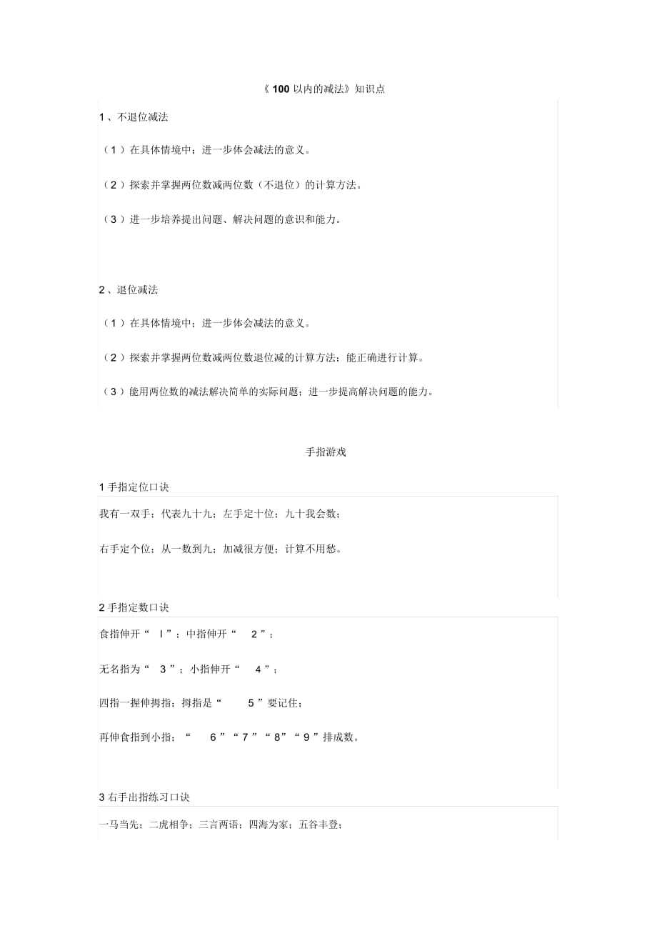 人教版二年级上册数学《100以内的减法》手指速算口诀+练习题_第1页