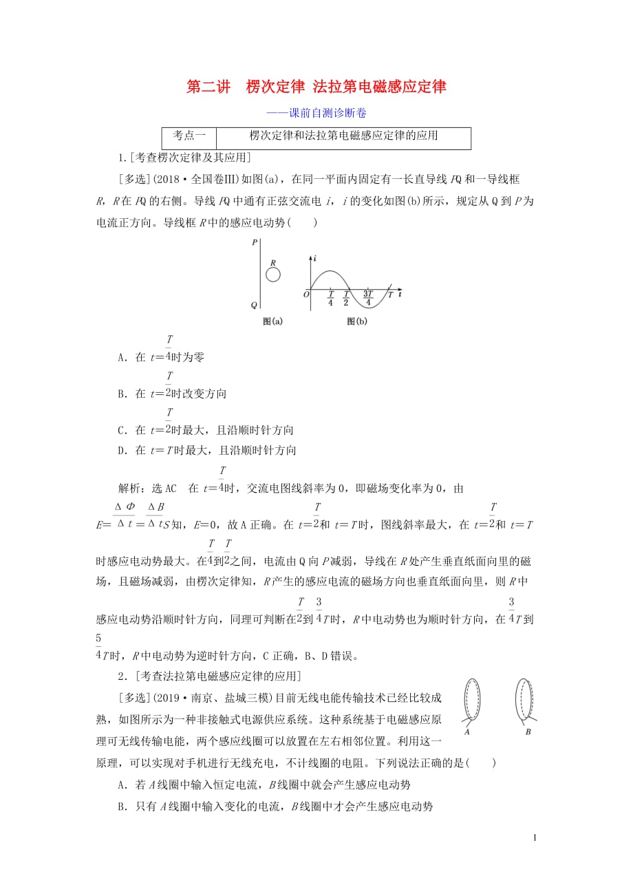 （江蘇專用）2020高考物理二輪復(fù)習(xí) 第一部分 專題四 電路與電磁感應(yīng) 第二講 楞次定律 法拉第電磁感應(yīng)定律——課前自測診斷卷_第1頁