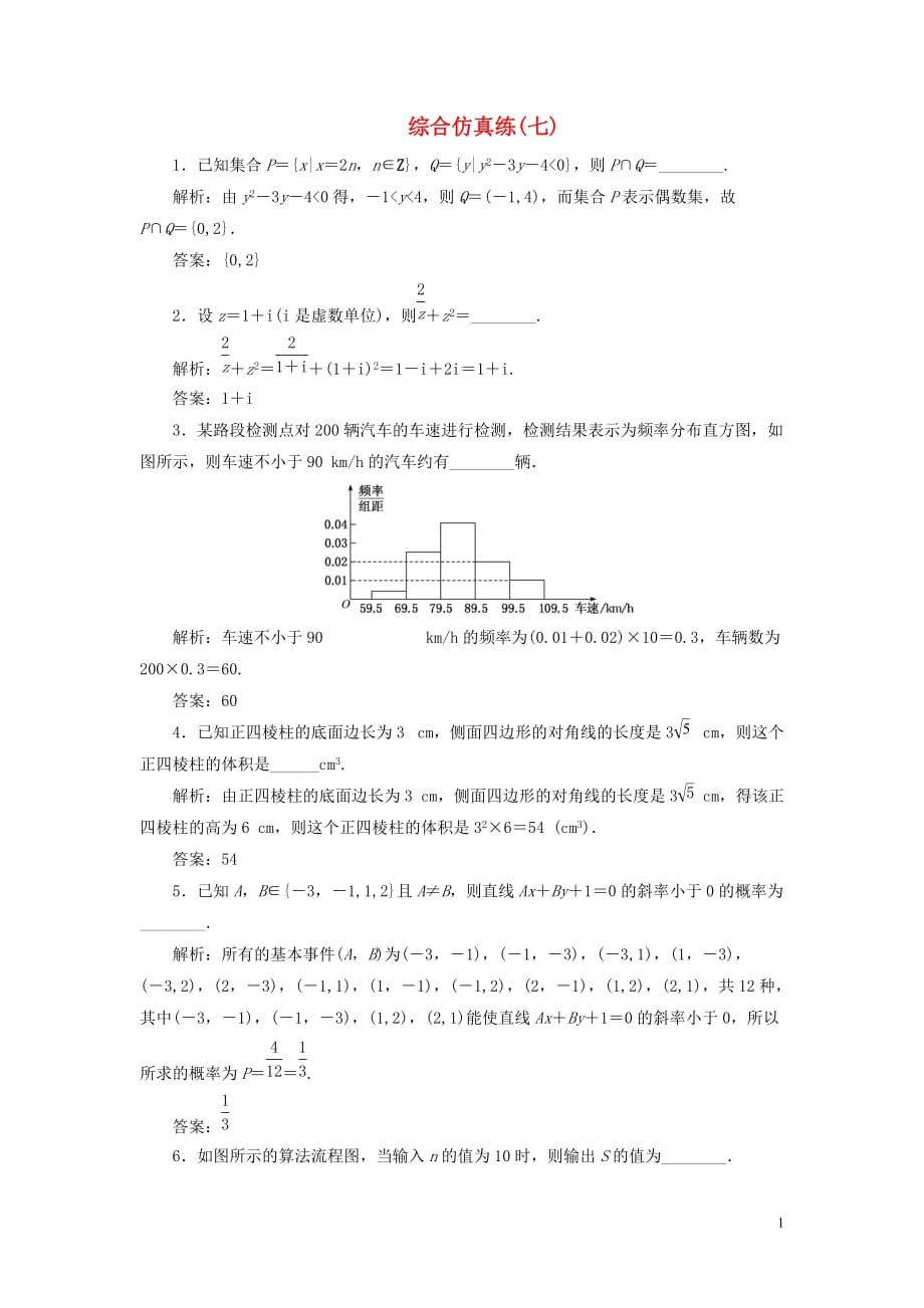 （江蘇專用）2020高考數(shù)學(xué)二輪復(fù)習(xí) 填空題訓(xùn)練 綜合仿真練（七）_第1頁(yè)