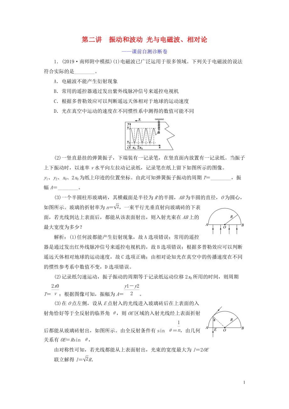 （江蘇專用）2020高考物理二輪復(fù)習(xí) 第一部分 專題七 選考模塊 第二講 振動和波動 光與電磁波、相對論——課前自測診斷卷_第1頁