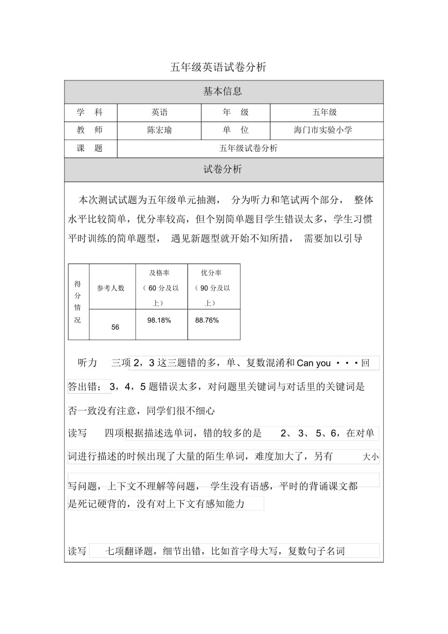 小学英语试卷分析_第1页