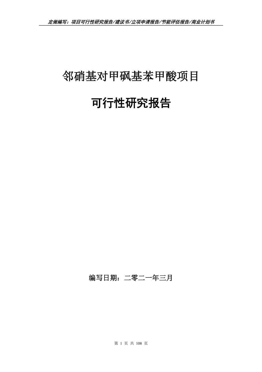 鄰硝基對甲砜基苯甲酸項目可行性研究報告立項申請