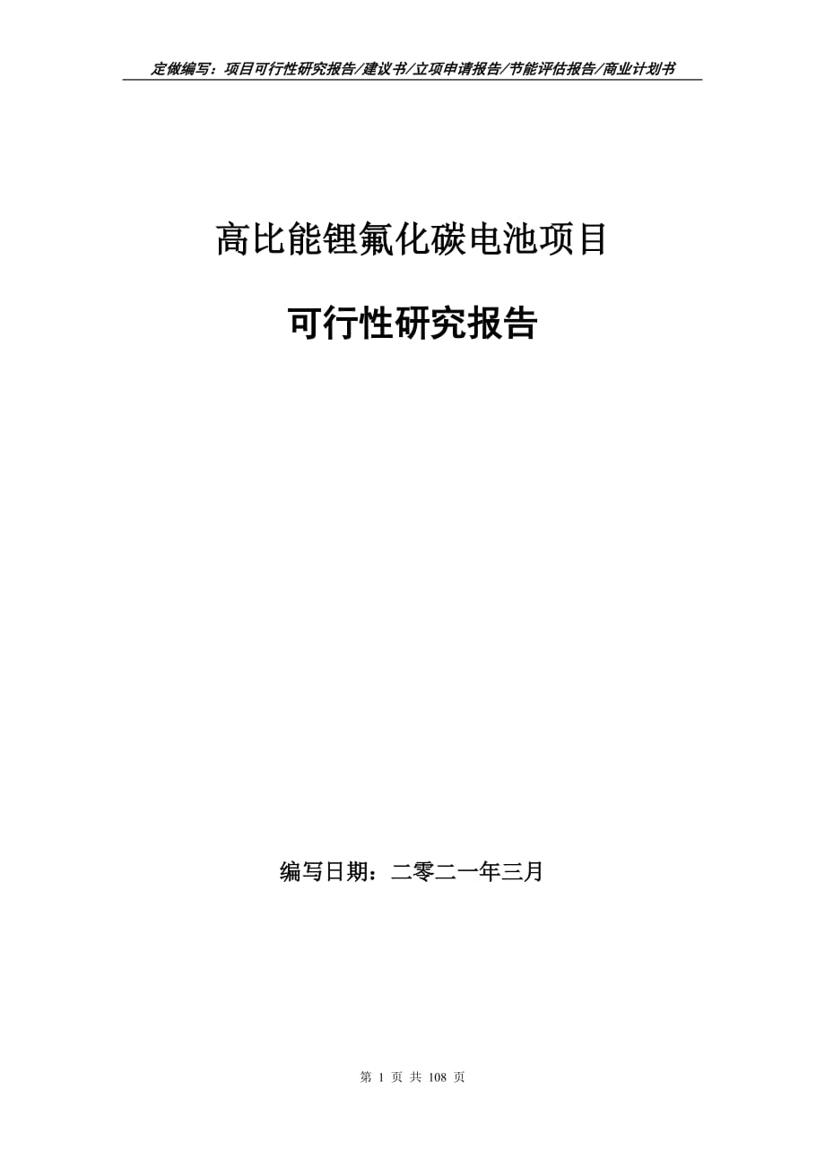 高比能鋰氟化碳電池項目可行性研究報告立項申請_第1頁