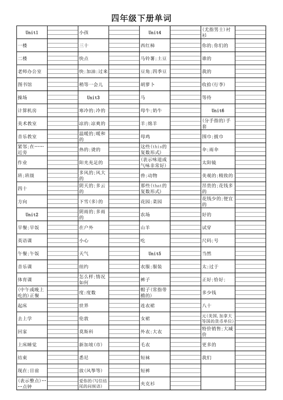 PEP英語(yǔ)四年級(jí)下冊(cè)單詞默寫(xiě)（四線格）_第1頁(yè)