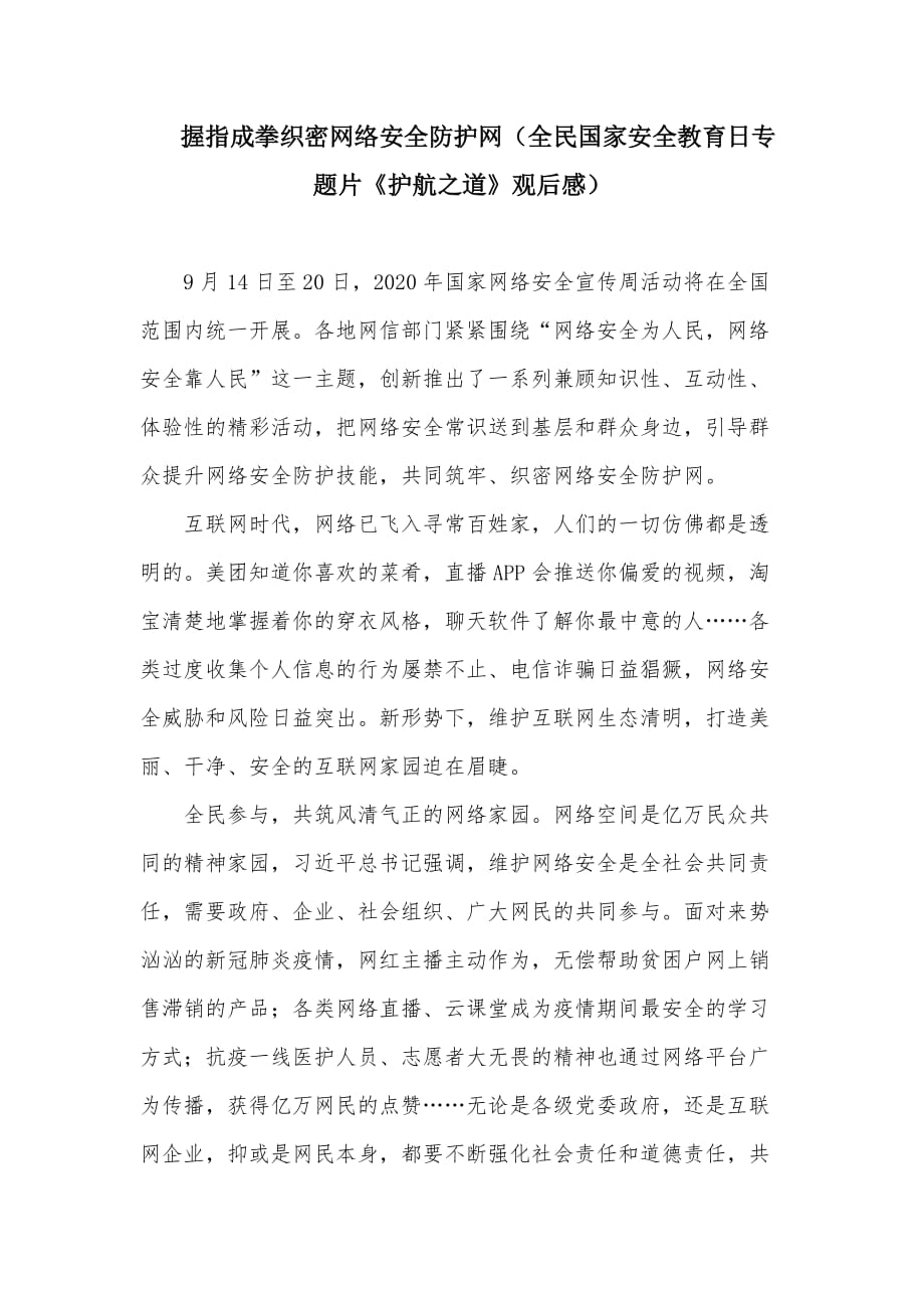 握指成拳织密网络安全防护网（全民国家安全教育日专题片《护航之道》观后感）_第1页