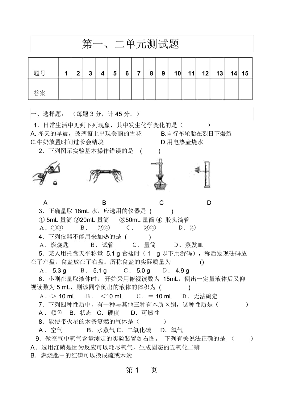 人教版化学九年级上册第一单元走进化学世界单元及第二单元测试题(无答案)_第1页