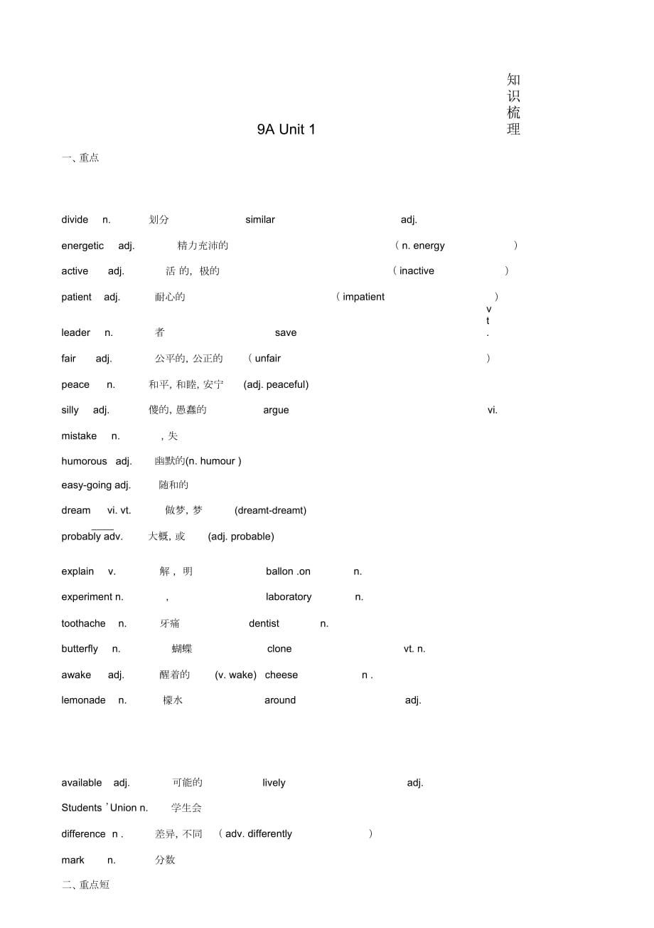 九年級(jí)英語上冊(cè)Unit1知識(shí)梳理牛津譯林版_第1頁