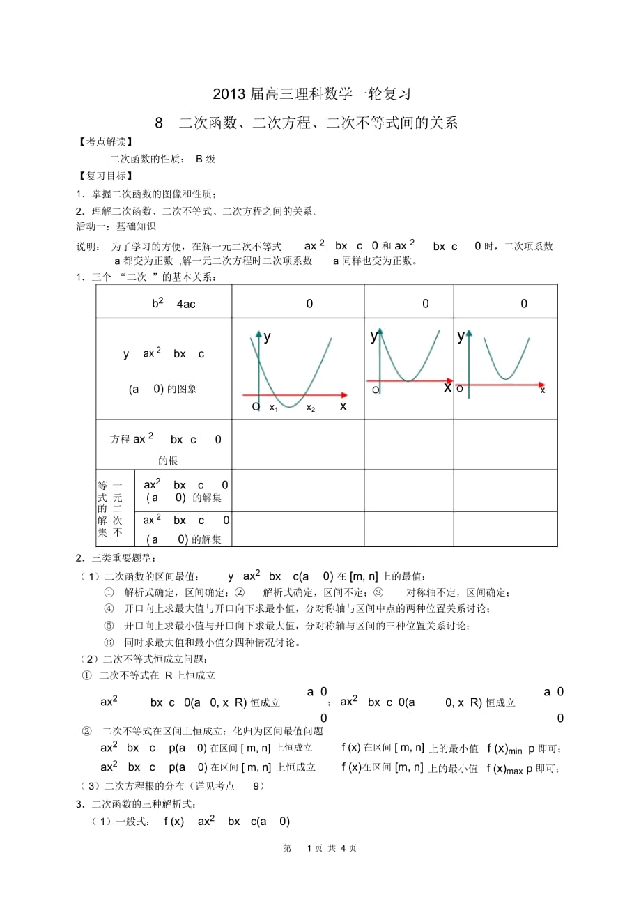 二次函数、二次方程、二次不等式间的关系_第1页