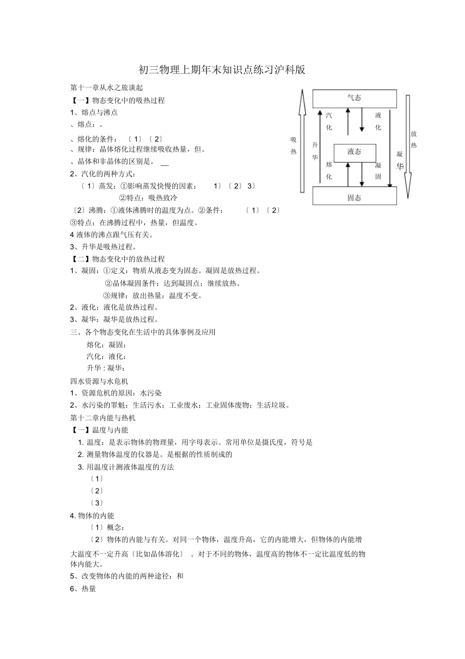 初三物理上期年末知识点练习沪科版_第1页