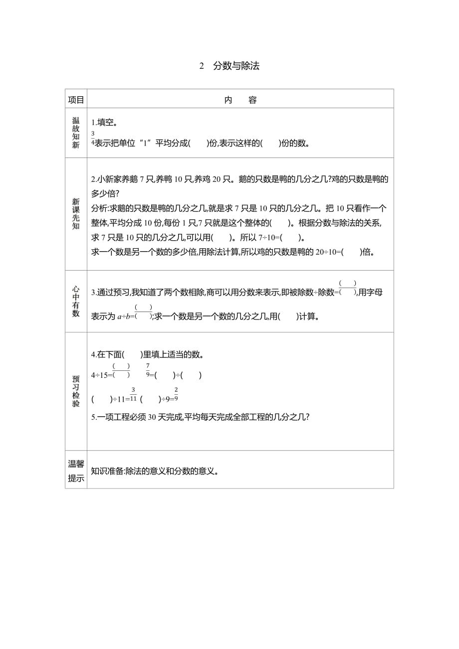 人教版數(shù)學(xué)五年級下冊2 分?jǐn)?shù)與除法學(xué)案_第1頁