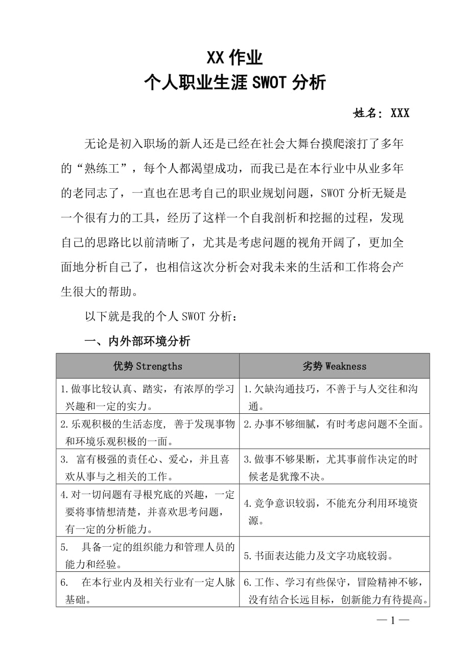 在职人员职业生涯SWOT分析-（最新）_第1页