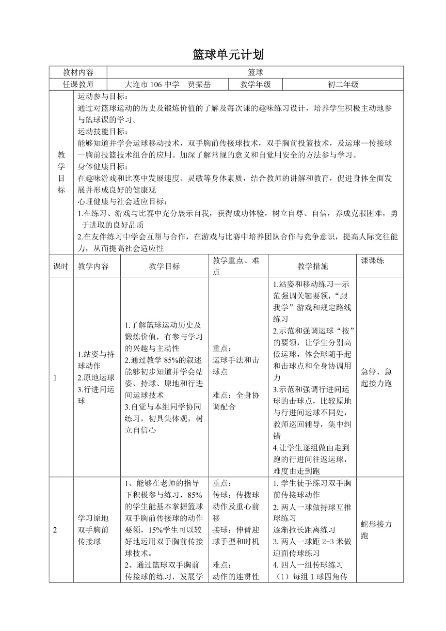 篮球——双手胸前传接球 课时计划+单元计划-_第1页