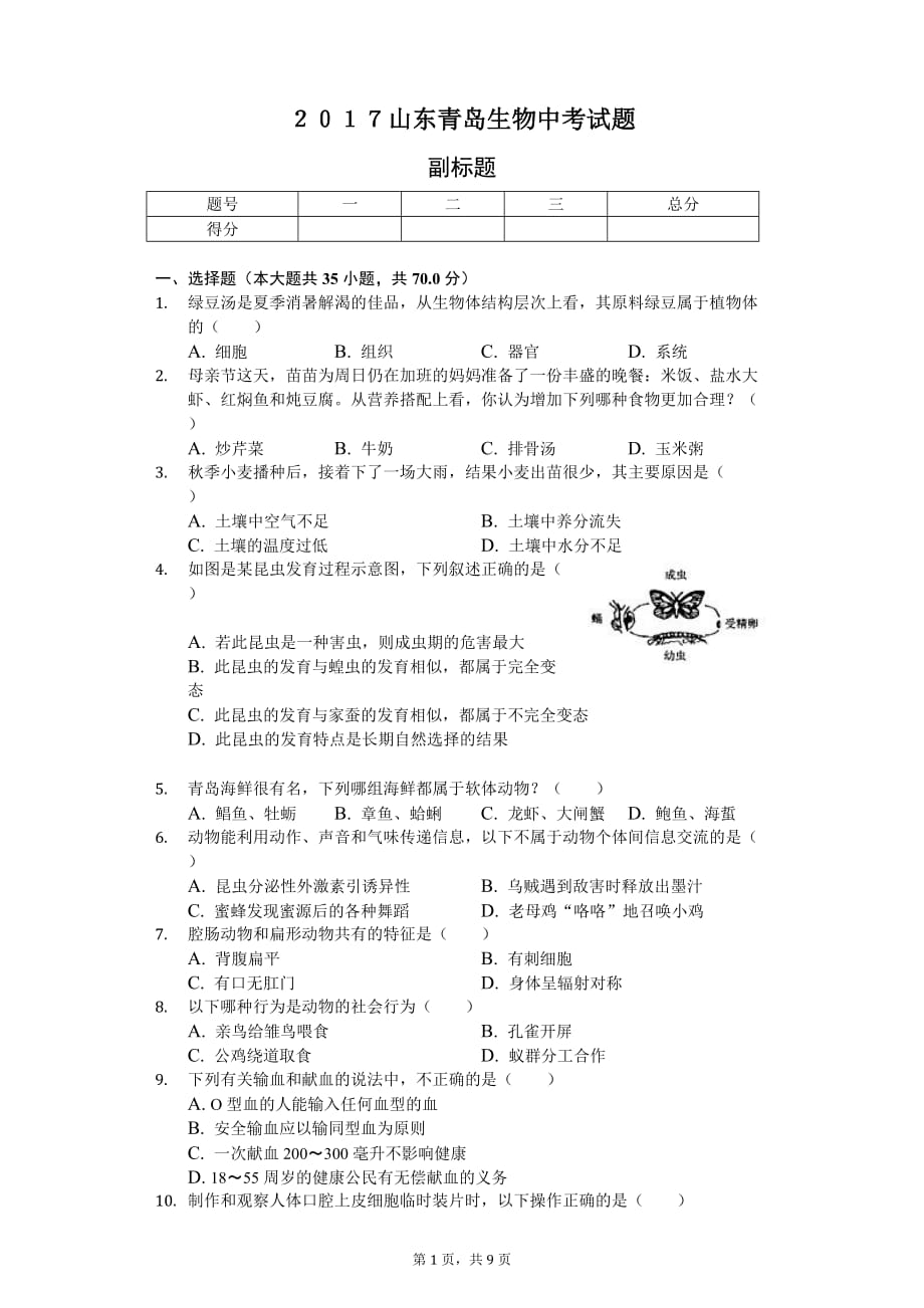 2017山東青島生物中考試題-_第1頁(yè)