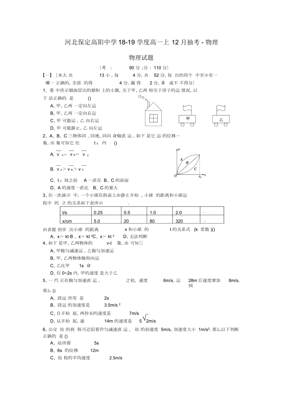 河北保定高陽中學(xué)學(xué)高一上12月抽考-物理_第1頁