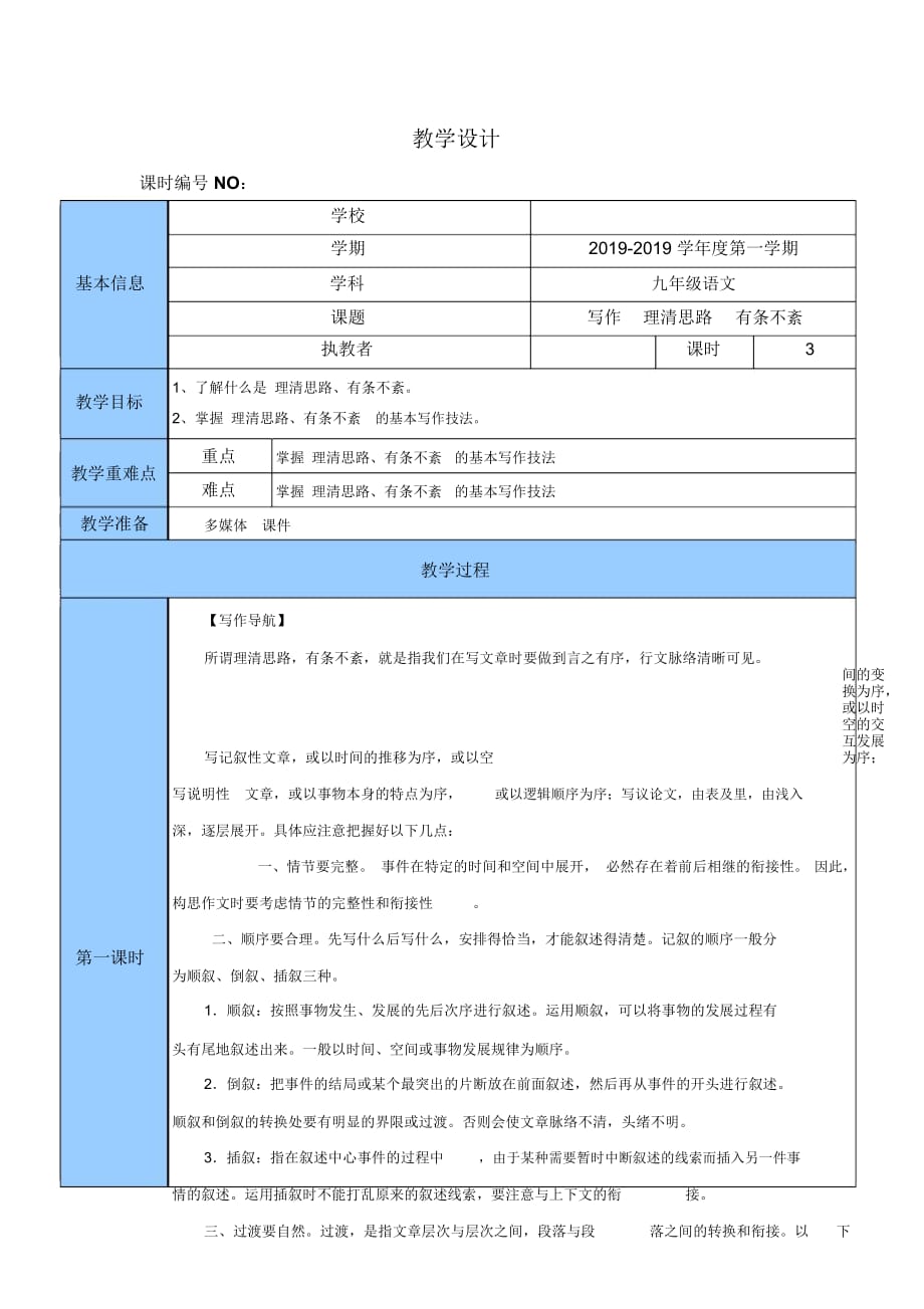 蘇教部編版九年級語文上冊第一單元寫作《理清思路有條不紊》教學(xué)設(shè)計_第1頁