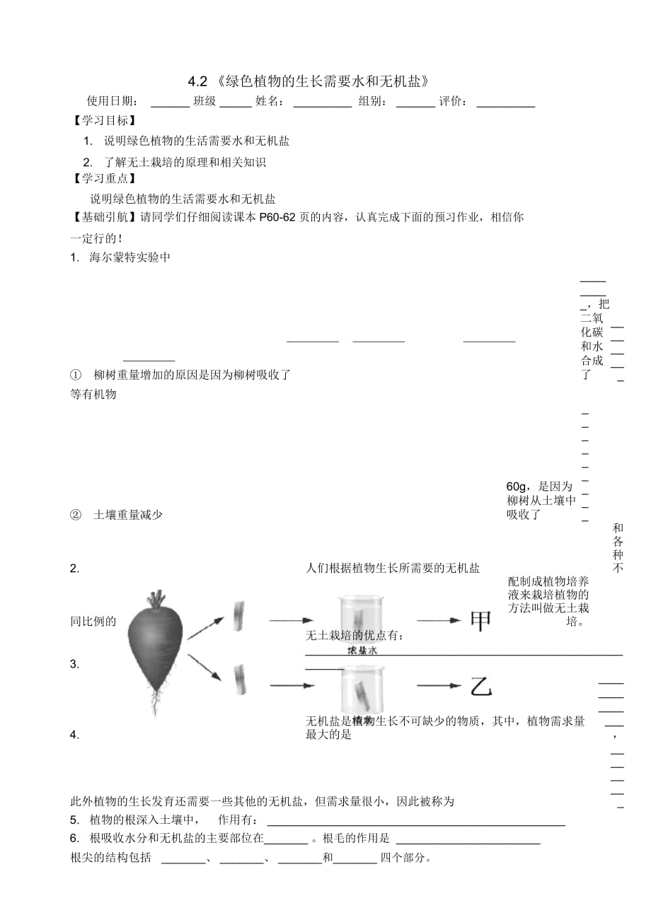 蘇科版初中生物七上第三單元42《綠色植物的生長需要水和無機鹽》學案(無答案)_第1頁