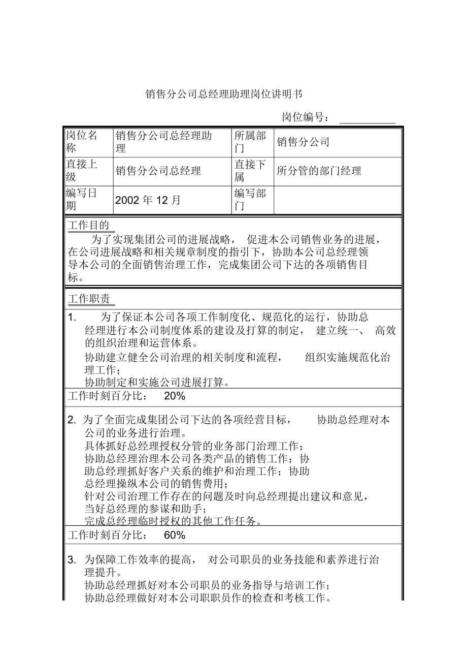 銷售分公司銷售管理部崗位說明書匯編3_第1頁