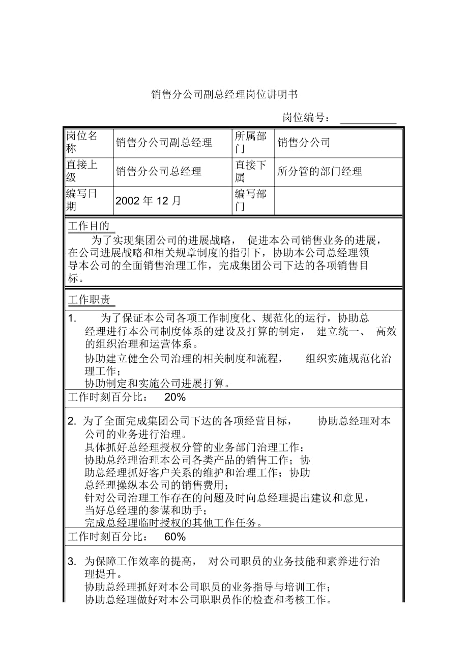 銷售分公司銷售管理部崗位說明書匯編_第1頁