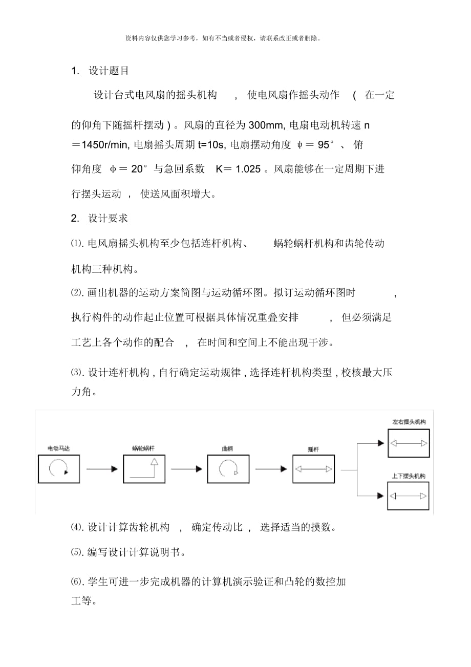 台式电风扇的摇头机构机械原理说明书样本_第1页